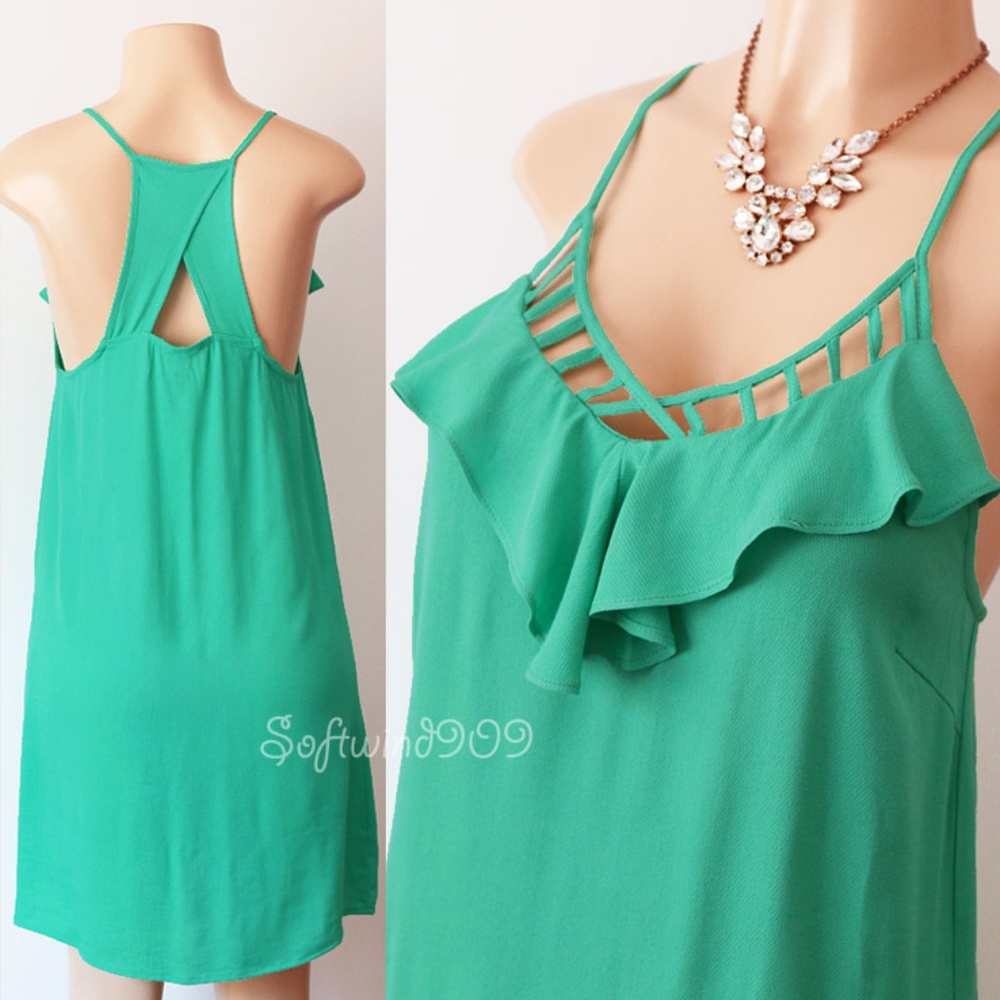 Green Caged Ruffle Racer Back Shift Dress - Picture 1 of 7